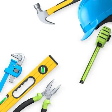 Collection of construction tools, helmets, and safety gear on white backgro.. Stock Illustration