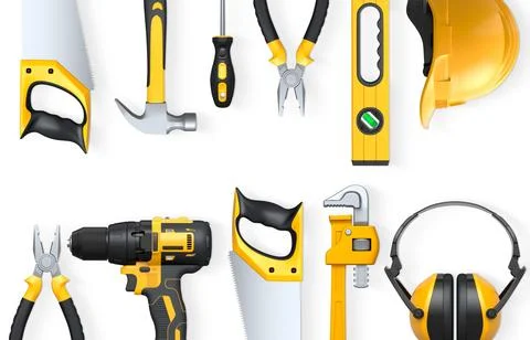 Collection of construction tools, helmets, and safety gear on white backgro.. Stock Illustration