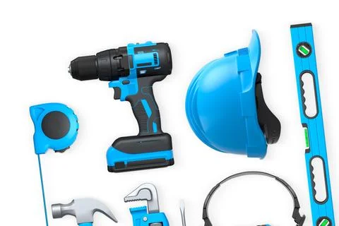 Collection of construction tools, helmets, and safety gear isolated on white  Stock Illustration