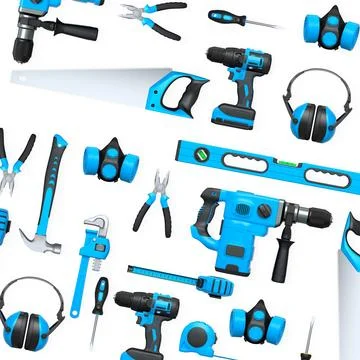 Collection of construction tools, helmets, and safety gear isolated on white  Stock Illustration