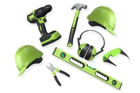 Collection of construction tools, helmets, and safety gear isolated on white  Stock Illustration