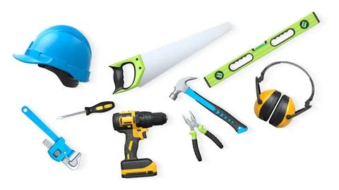Collection of construction tools, helmets, and safety gear isolated on white  Stock Illustration