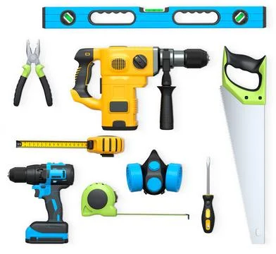 Collection of construction tools, helmets, and safety gear on white backgro.. Stock Illustration