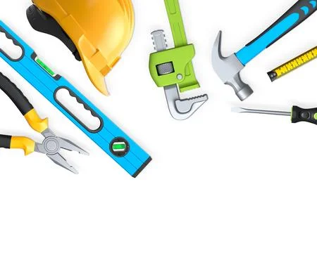 Collection of construction tools, helmets, and safety gear isolated on white  Stock Illustration