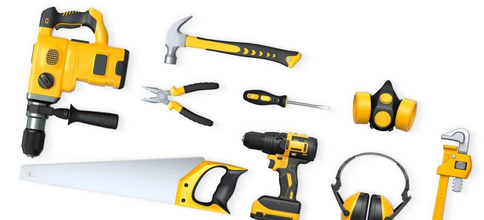 Collection of construction tools, helmets, and safety gear on white backgro.. Stock Illustration