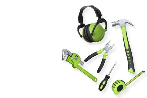 Collection of construction tools, helmets, and safety gear on white backgro.. Stock Illustration