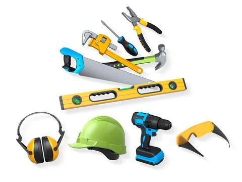Collection of construction tools, helmets, and safety gear on white backgro.. Stock Illustration