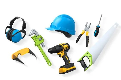 Collection of construction tools, helmets, and safety gear on white backgro.. Stock Illustration