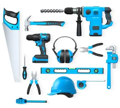 Collection of construction tools, helmets, and safety gear on white backgro.. Stock Illustration