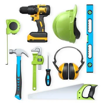 Collection of construction tools, helmets, and safety gear on white backgro.. Stock Illustration