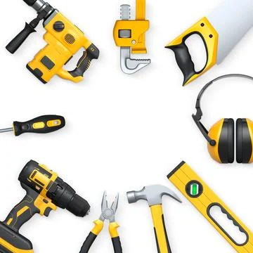 Collection of construction tools, helmets, and safety gear on white background Stock Illustration