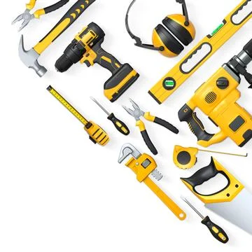 Collection of construction tools, helmets, and safety gear on white background Illustrazione stock