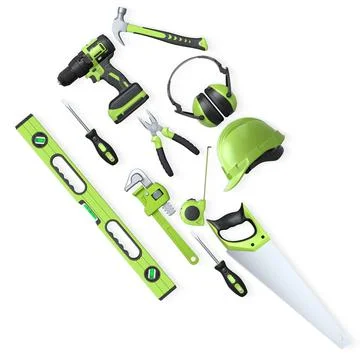 Collection of construction tools, helmets, and safety gear on white background Stock Illustration