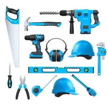 Collection of construction tools, helmets, and safety gear on white backgro.. 스톡 일러스트
