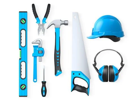 Collection of construction tools, helmets, and safety gear on white background Illustrazione stock