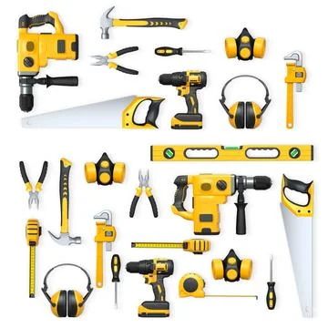 Collection of construction tools, helmets, and safety gear isolated on white  스톡 일러스트