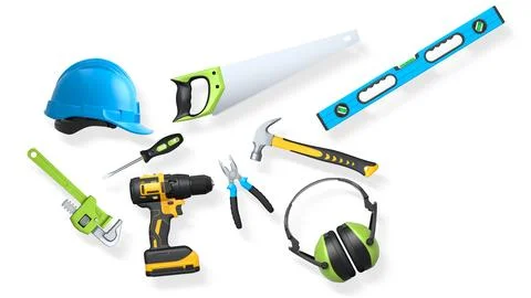 Collection of construction tools, helmets, and safety gear isolated on white  스톡 일러스트