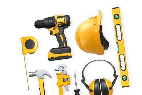 Collection of construction tools, helmets, and safety gear isolated on white  Stock Illustration