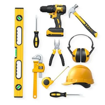 Collection of construction tools, helmets, and safety gear isolated on white  Stock Illustration