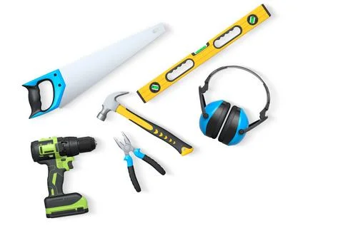 Collection of construction tools, helmets, and safety gear isolated on white  Stock Illustration