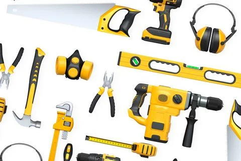 Collection of construction tools, helmets, and safety gear on white backgro.. Stock Illustration