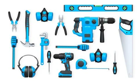 Collection of construction tools, helmets, and safety gear on white backgro.. Stock Illustration