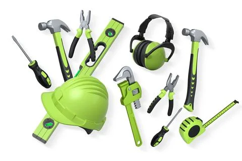 Collection of construction tools, helmets, and safety gear isolated on white  Stock Photos