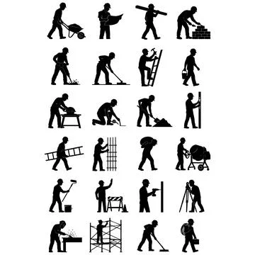 Collection of Construction Workers Silhouettes Performing Various Manual Task Иллюстрация