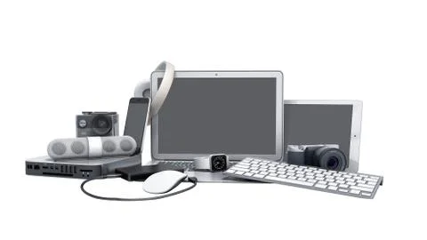 Collection of consumer electronics 3D render on white no shadow Illustrazione stock