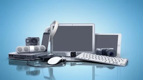 Collection of consumer electronics 3D render on blue background Illustrazione stock