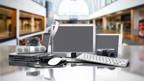 Collection of consumer electronics 3D render on sale background Illustrazione stock