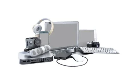 Collection of consumer electronics 3D render on white no shadow background Illustrazione stock