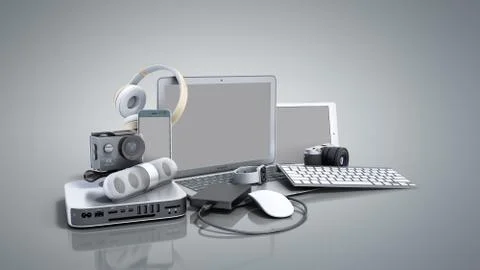 Collection of consumer electronics 3D render on grey background Stock Illustration