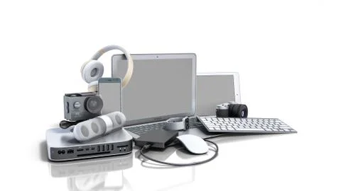 Collection of consumer electronics 3D render on white background Illustrazione stock