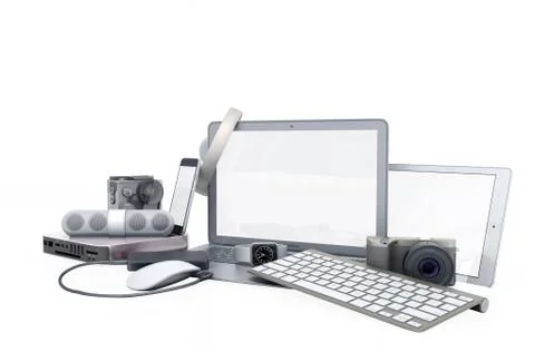 Collection of consumer electronics 3D render on white background no shadow Illustrazione stock