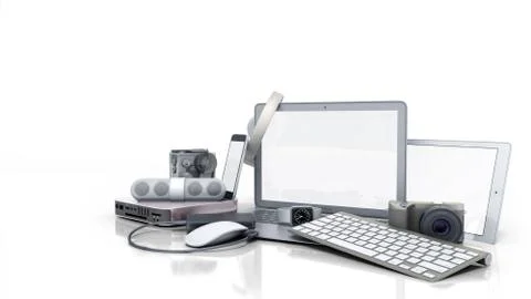 Collection of consumer electronics 3D render on white background Illustrazione stock