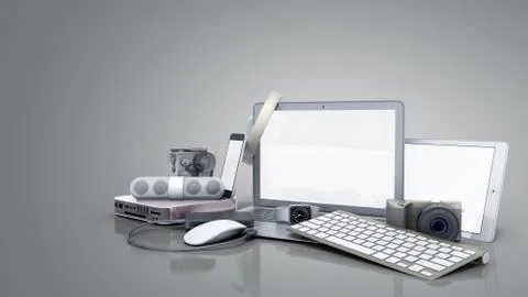 Collection of consumer electronics 3D render on grey background Illustrazione stock