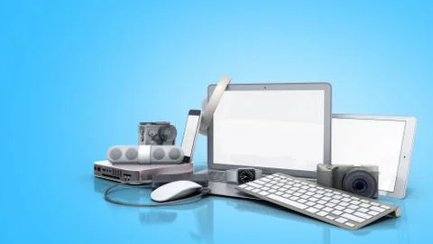 Collection of consumer electronics 3D render on blue background Illustrazione stock