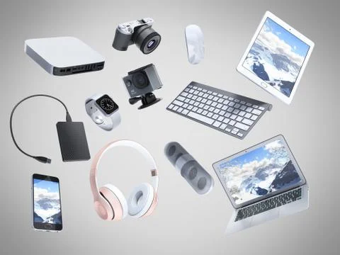 Collection of consumer electronics flying in the air 3D render on grey backgr Illustrazione stock