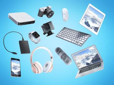 Collection of consumer electronics flying in the air 3D render on blue backgr Illustrazione stock