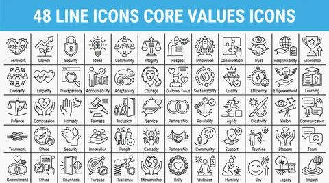 Collection of core values line icons for business and design use. Stock Illustration