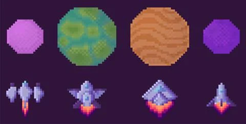 Collection of cosmic round objects above lined up rockets. Combat aircraft 스톡 일러스트