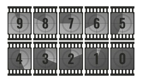 Collection of countdown film strip frames with numbers. From 9 to 0 Stock Illustration