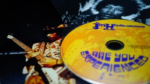 Collection of covers and cd inserts of the American rock guitarist Jimi Hendrix Stock Photos