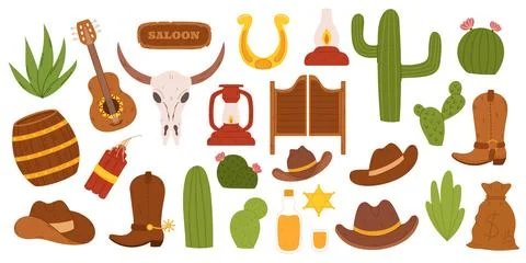 Collection with cowboy associated elements in flat had drawn style. Bull skul イラスト素材