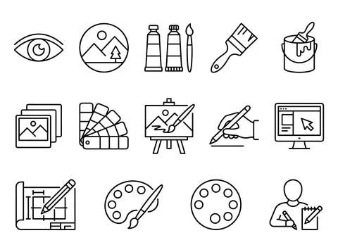 Collection of creative art and design icons including eye, landscape, paint.. Illustration