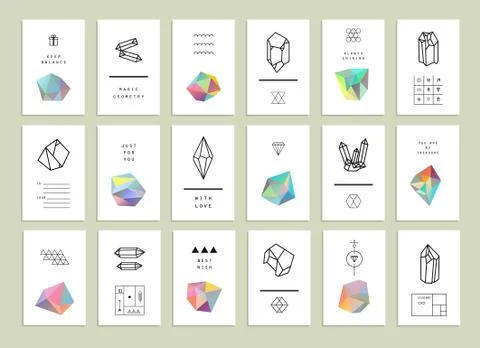 Collection of creative cards. Set of crystals in polygon style with geometric Stock Illustration