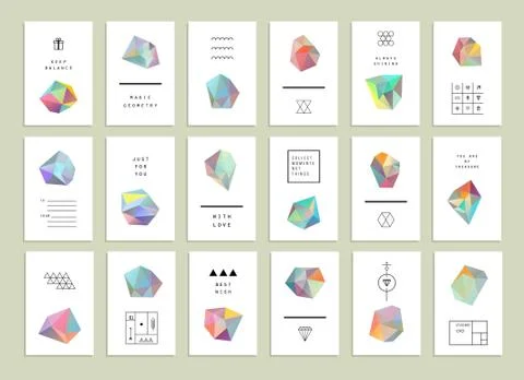 Collection of creative cards. Set of crystals in polygon style with geometric Stock Illustration