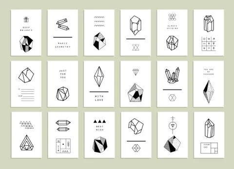 Collection of creative cards. Set of crystals in polygon style with geometric Stock Illustration