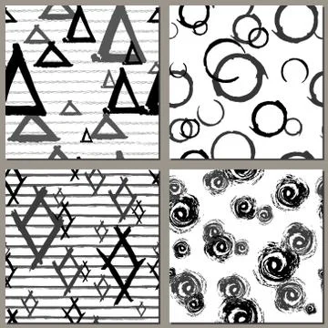 Collection of Creative Hand Drawn seamless patterns. Triangles, drops, rhombus Stock Illustration